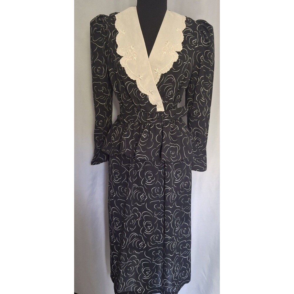Vitg 80s/40s Peplum Dress black white V neck Large white collar belted wiggle 12